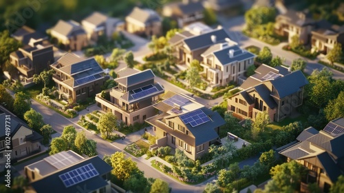 An urban neighborhood with a microgrid system, where homes and businesses are connected to a local power grid fed by solar and wind energy, ensuring energy independence