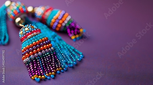 Bohemian beaded tassel earrings on purple background