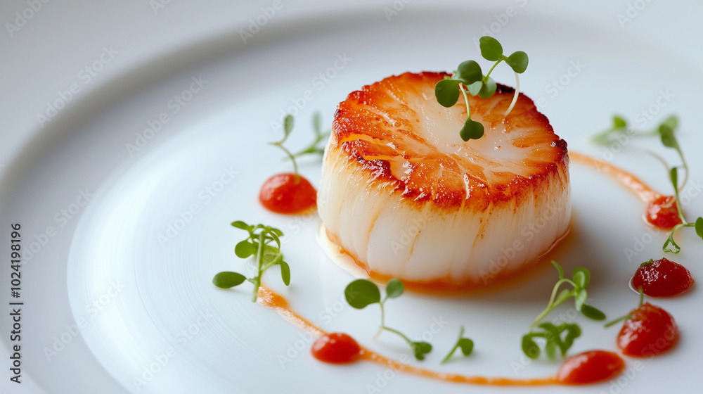 A perfectly seared scallop on a white plate, served with sauce droplets and microgreens for garnish A perfectly seared scallop on a white plate, served with sauce droplets and microgreens for garnish