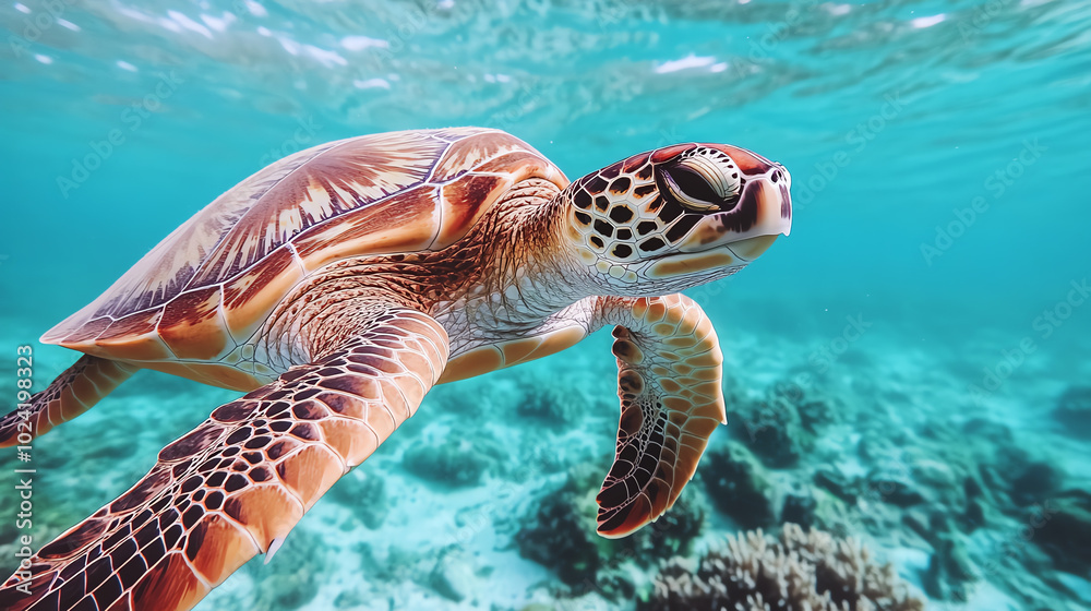 A graceful sea turtle swimming gracefully through clear blue waters, showcasing its intricate shell patterns and vibrant colors, surrounded by a serene underwater environment. A graceful sea turtle swimming gracefully through clear blue waters, showcasing its intricate shell patterns and vibrant colors, surrounded by a serene underwater environment.