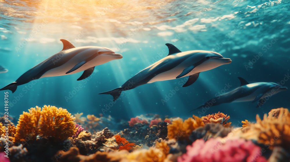 Dolphins swimming gracefully above vibrant coral reefs in crystal clear water, illuminated by sunlight filtering through the surface. Dolphins swimming gracefully above vibrant coral reefs in crystal clear water, illuminated by sunlight filtering through the surface.