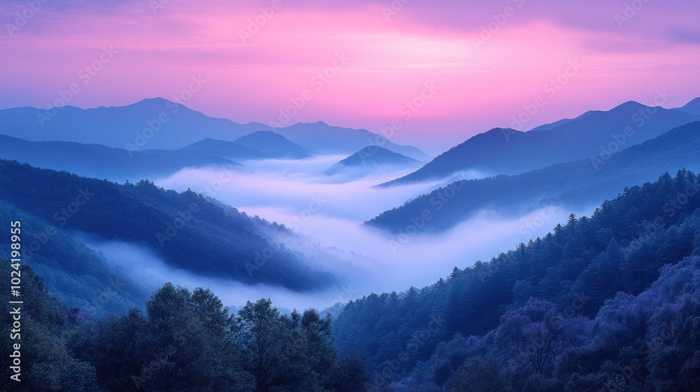 Foggy mountains at dawn, the mist softly flowing over the ridges and valleys, creating a serene and ethereal view Foggy mountains at dawn, the mist softly flowing over the ridges and valleys, creating a serene and ethereal view