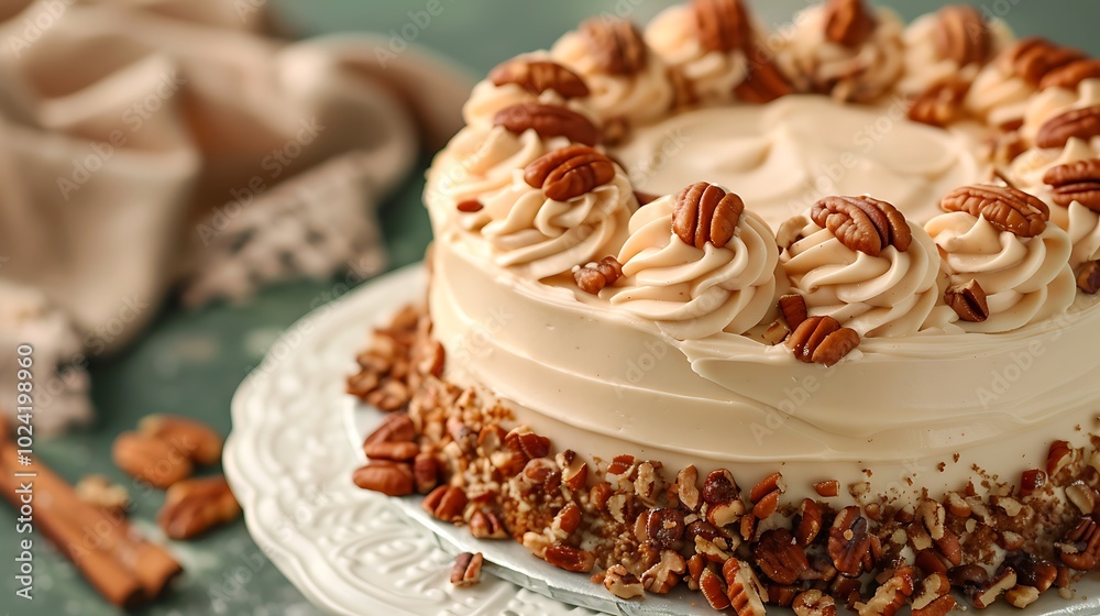 Butter pecan cake with praline frosting on green background Butter pecan cake with praline frosting on green background