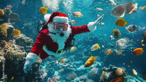 Santa Claus goes diving among tropical fish photo