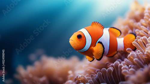 A vibrant clownfish swimming gracefully among colorful coral. The scene captures the beauty and diversity of underwater life in a stunning marine environment.