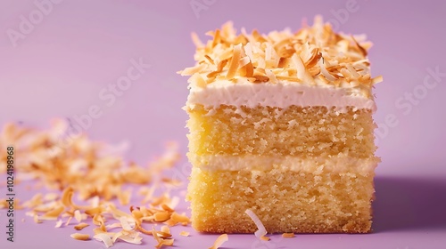 Butter rum cake with toasted coconut on purple background