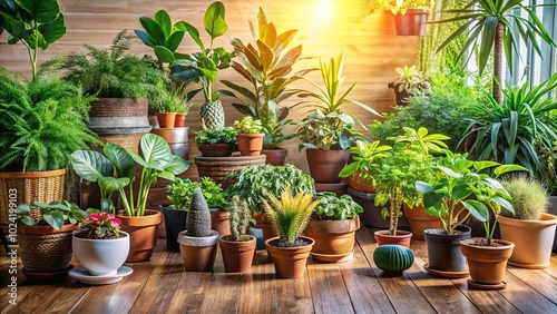 A vibrant collection of potted plants basking in the warmth of the sun's rays, showcasing a diverse array of foliage and textures, each pot adding a unique touch to the indoor garden setting.