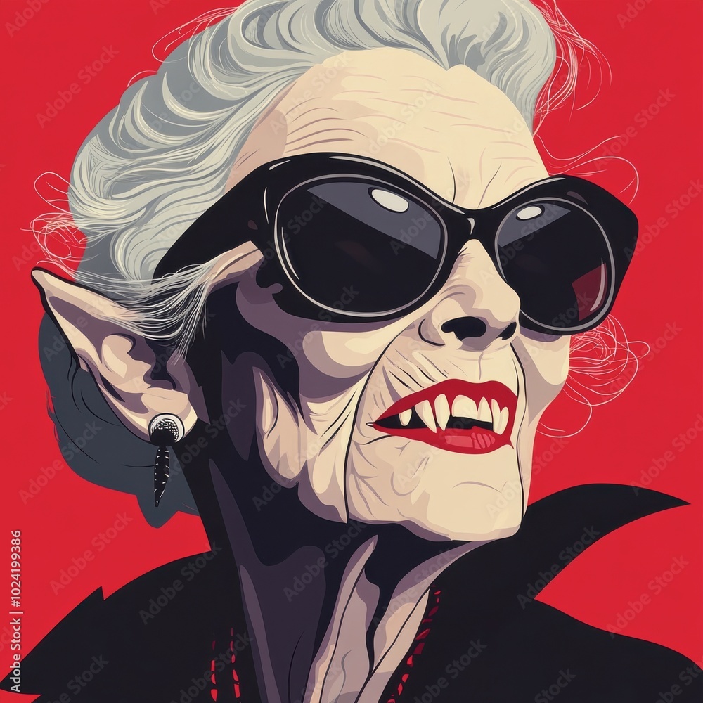 Fototapeta premium Elderly woman with bold fashion and vampire-like features stands before a bright red background