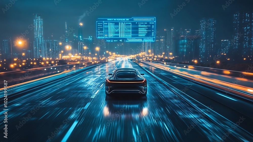 Autonomous car driving on a high-tech highway with augmented reality interface floating above, displaying traffic updates, navigation, and speed data, futuristic city skyline, bright neon lights, Autonomous car driving on a high-tech highway with augmented reality interface floating above, displaying traffic updates, navigation, and speed data, futuristic city skyline, bright neon lights,