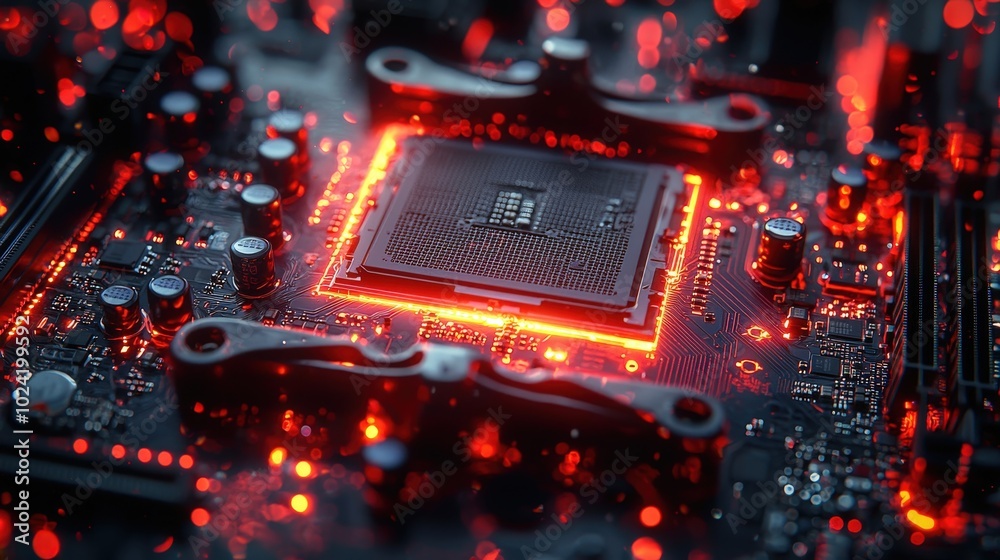 A close-up view of a glowing computer motherboard illuminated in red hues, showcasing intricate circuitry and components against a dark background A close-up view of a glowing computer motherboard illuminated in red hues, showcasing intricate circuitry and components against a dark background