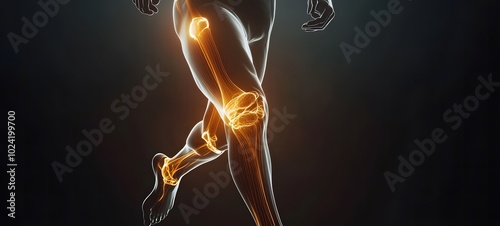 2D Illustration of a running man with painful knee joint highlighted, kneecap, 3D rendering. Problem of joint diseases black background photo