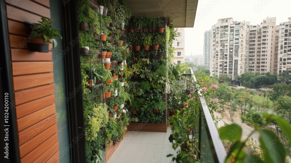 Fototapeta premium Vertical garden structure filled with green plants and flowers, enhancing a city apartments veranda with natural beauty.