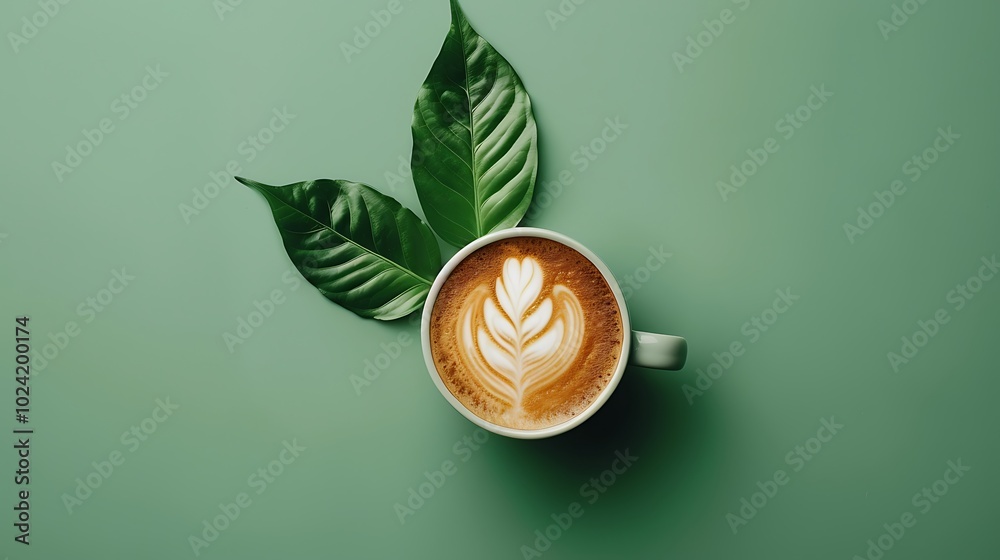 Cappuccino with milk foam swirled into a leaf on green background Cappuccino with milk foam swirled into a leaf on green background