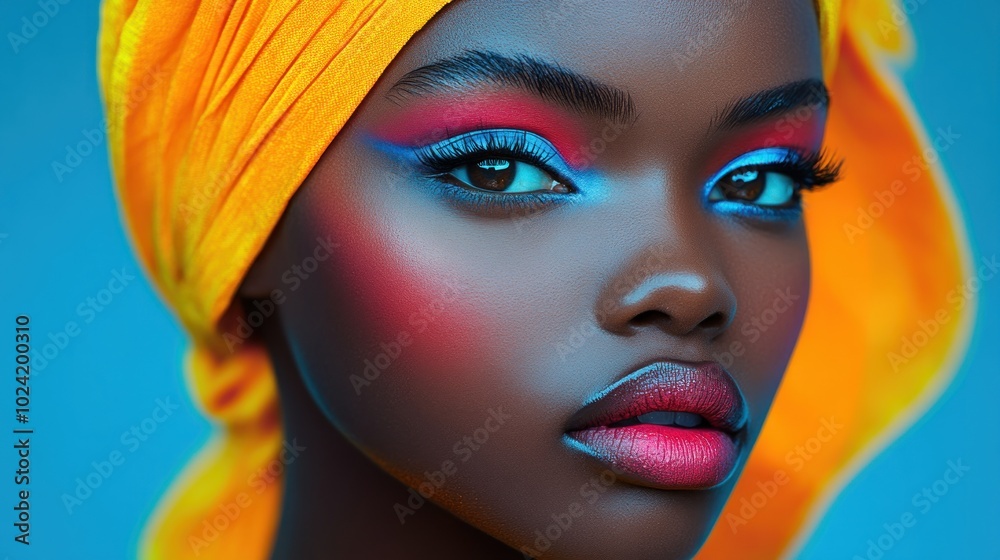 A close-up portrait of a person with vibrant makeup and a yellow headwrap against a blue background. A close-up portrait of a person with vibrant makeup and a yellow headwrap against a blue background.