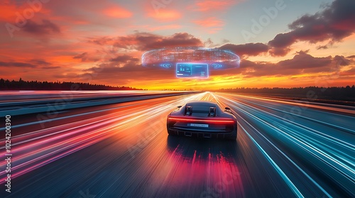 Autonomous car on a futuristic highway at sunset, glowing holographic displays floating above showing road status, speed, and lane guidance, vibrant sky with orange and pink hues,