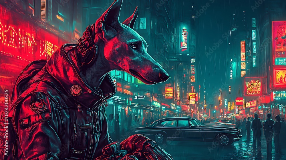 Dog in a Leather Jacket Walks Through a Neon City at Night Dog in a Leather Jacket Walks Through a Neon City at Night