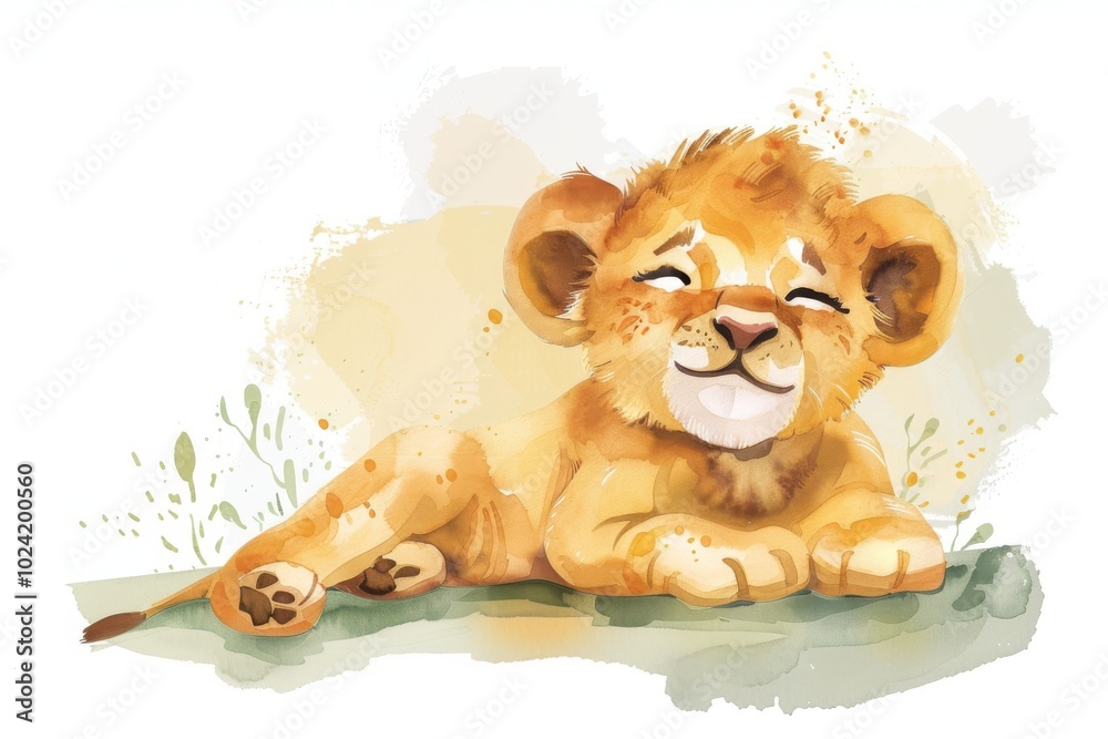 A baby lion is laying down on the grass. The lion is smiling and he is happy A baby lion is laying down on the grass. The lion is smiling and he is happy
