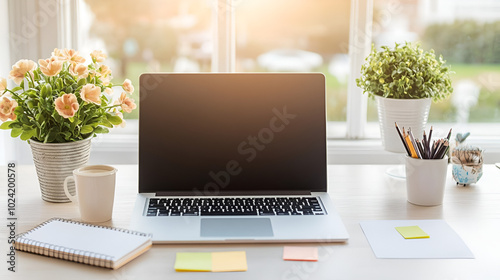 Busy work desk studying situation with laptop, notebook, computer, A4 paper and post-it notes mockup, home working, work from home, wfh, studying researching desk props concept background