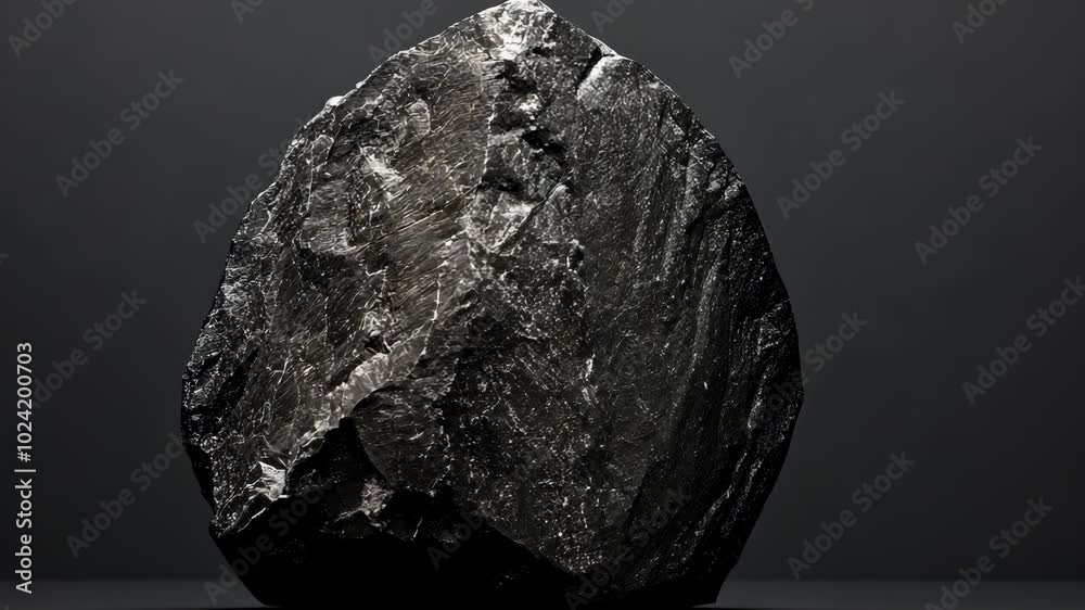 A smooth, dark rock sits on a black surface, its texture and shape highlighted by the lighting