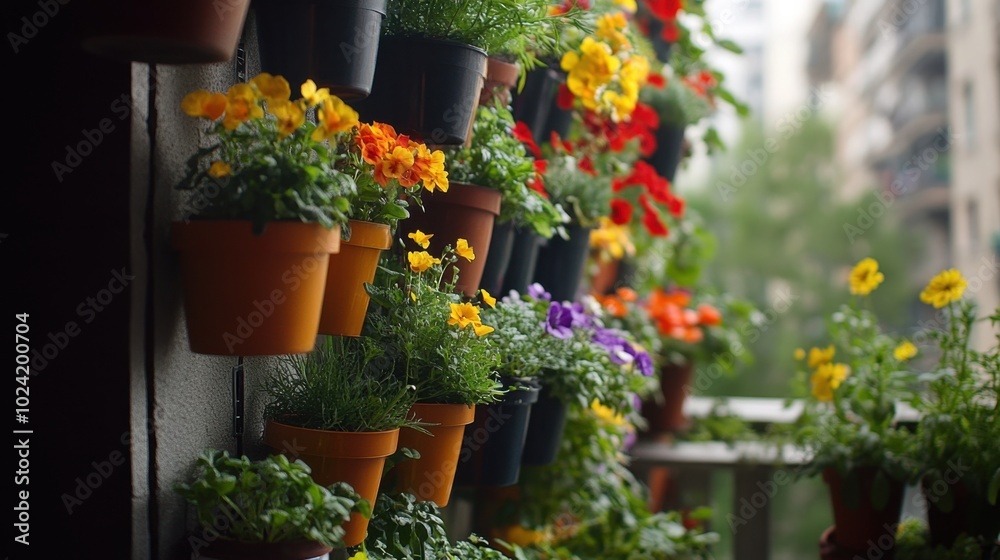 Vertical hanging garden with pots of vibrant flowers and herbs, neatly arranged on a city apartments veranda. Vertical hanging garden with pots of vibrant flowers and herbs, neatly arranged on a city apartments veranda.