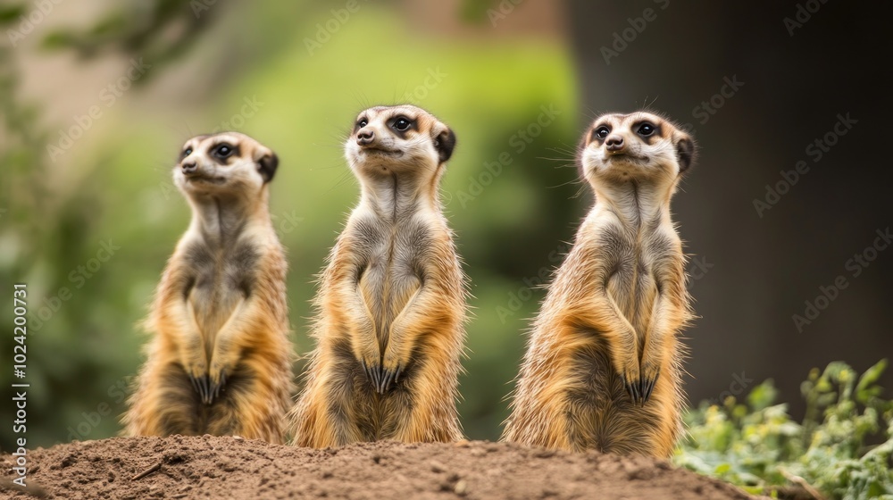 Three Meerkat Standing Tall, Looking Up, On Alert Three Meerkat Standing Tall, Looking Up, On Alert