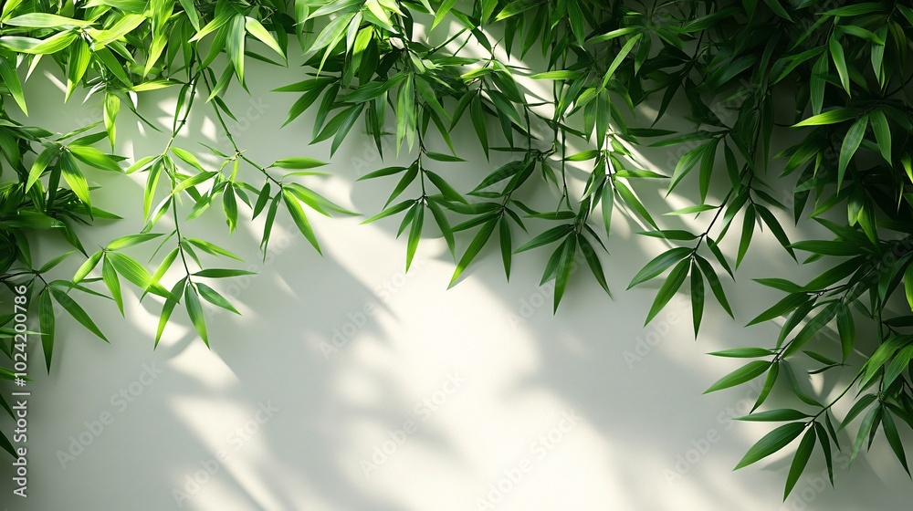 Obraz premium Lush green bamboo leaves cascade over a soft, light background, creating a serene and calming atmosphere.