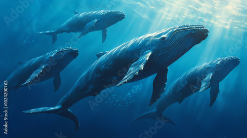 A group of majestic whales swimming gracefully in deep blue waters, showcasing their grandeur while sunlight filters through the ocean surface.