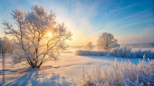 A solitary tree stands tall, its branches frosted and gleaming under the warm glow of a winter sunrise, as a soft mist blankets the snowy landscape.