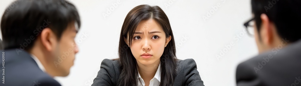 Worried team members in a modern boardroom, intense discussion led by an Asian woman, focus on highstress teamwork and decisionmaking Worried team members in a modern boardroom, intense discussion led by an Asian woman, focus on highstress teamwork and decisionmaking