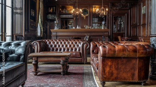 Wallpaper Mural Vintage bar with luxurious wood interiors and iconic Chesterfield sofas, offering an elegant and timeless lounge setting. Torontodigital.ca