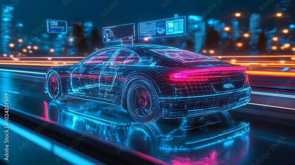 Autonomous car on a high-tech highway, glowing holographic displays floating above indicating AI-driven navigation, safety alerts, and vehicle diagnostics, Autonomous car on a high-tech highway, glowing holographic displays floating above indicating AI-driven navigation, safety alerts, and vehicle diagnostics,