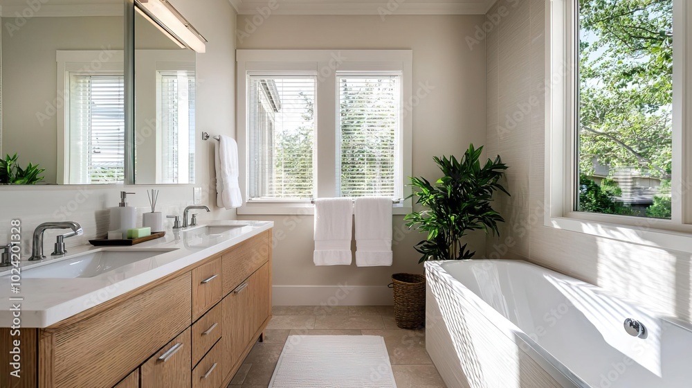 Fototapeta premium Stylish bathroom from another angle, featuring soft lighting and inviting colors for a soothing atmosphere..