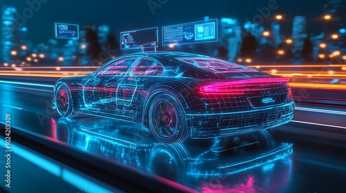 Autonomous car on a high-tech highway, glowing holographic displays floating above indicating AI-driven navigation, safety alerts, and vehicle diagnostics,