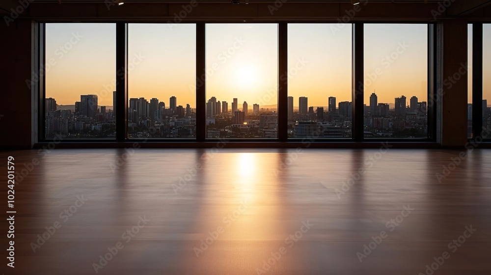 A modern concrete gallery interior features large windows with a stunning city view, enhancing art display.. A modern concrete gallery interior features large windows with a stunning city view, enhancing art display..