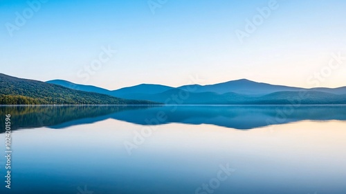 A serene lake reflects majestic mountains under a clear blue sky, creating a tranquil and picturesque landscape perfect for nature lovers.