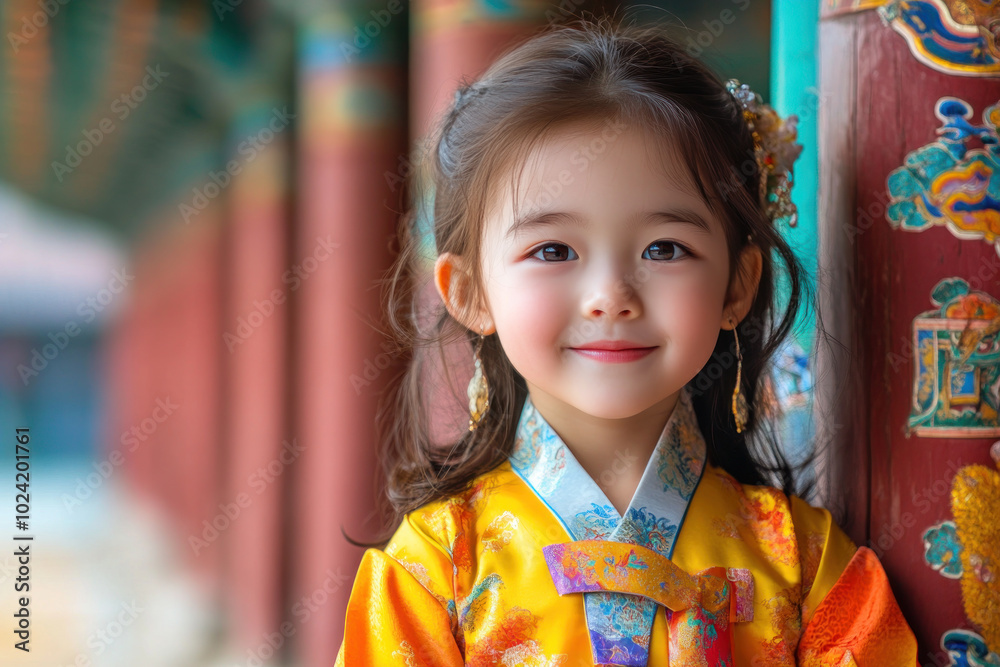 African little girl in traditional hanbok costume at korean village palace African little girl in traditional hanbok costume at korean village palace