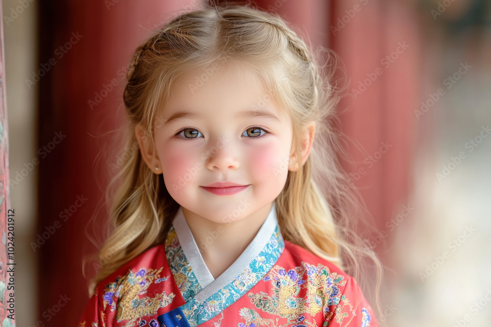 Caucasian little girl in traditional hanbok costume at korean village palace Caucasian little girl in traditional hanbok costume at korean village palace