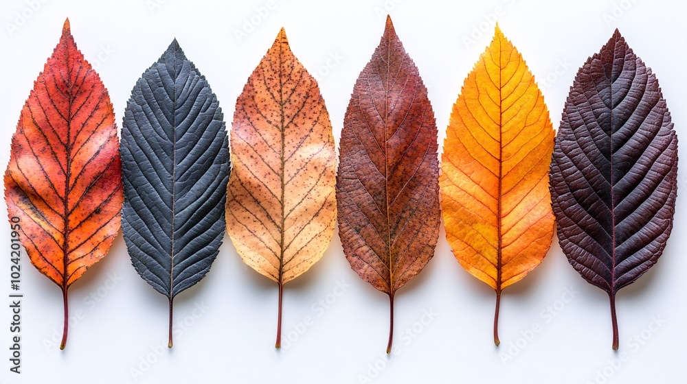 Obraz premium A vibrant array of six autumn leaves in various shades, showcasing nature's beauty and seasonal change.