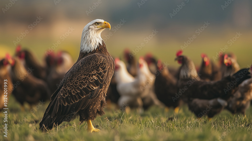 Fototapeta premium Eagle Soars Amidst Common Chicken Flock