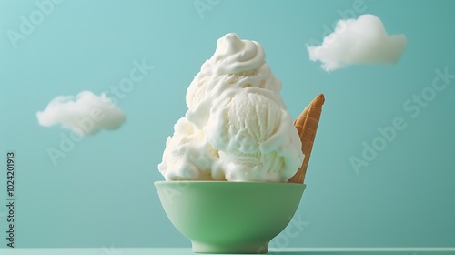 Cloud shaped ice cream in a cone on green bowl on blue background photo