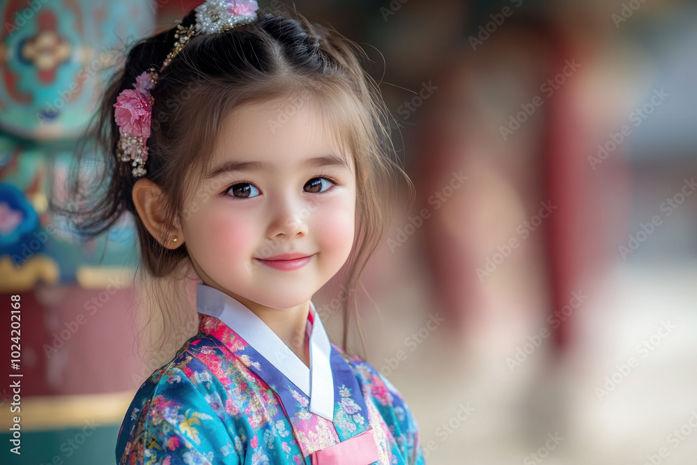 French little girl in traditional hanbok costume at korean village palace French little girl in traditional hanbok costume at korean village palace