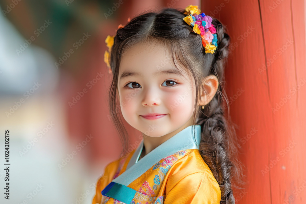 French little girl in traditional hanbok costume at korean village palace French little girl in traditional hanbok costume at korean village palace