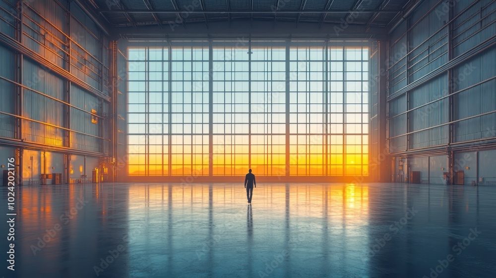 A solitary figure stands in a vast industrial space, illuminated by a stunning sunset. A solitary figure stands in a vast industrial space, illuminated by a stunning sunset.
