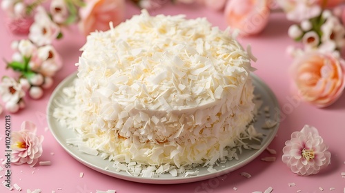 Coconut cake topped with shredded coconut on peach background