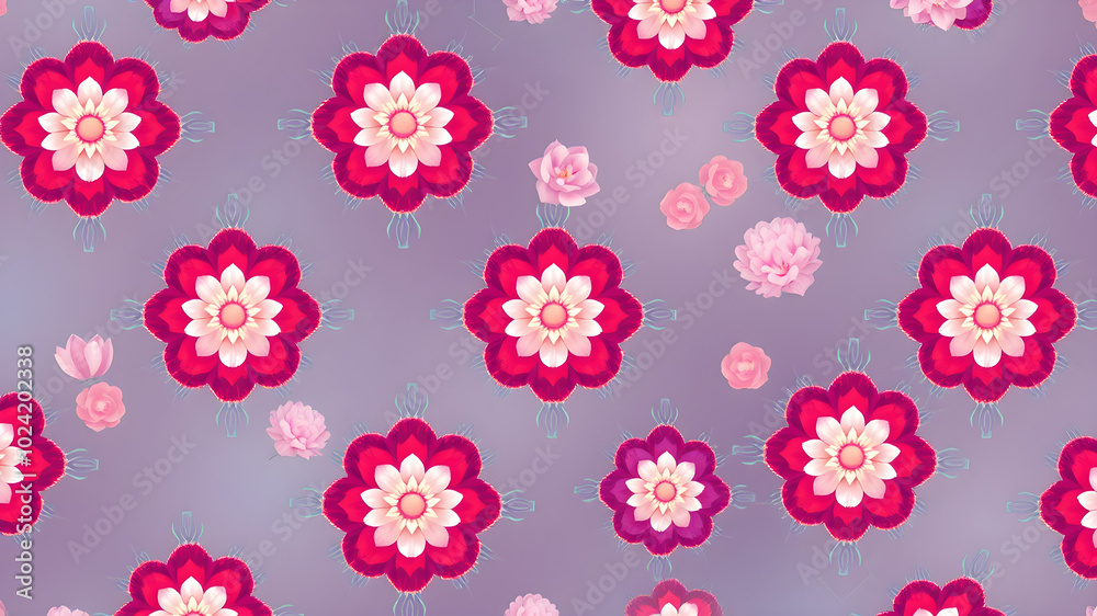 A pattern of flowers in pink and purple with a blue background A pattern of flowers in pink and purple with a blue background
