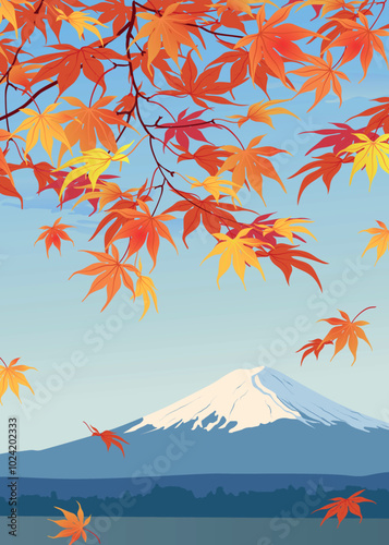 Autumn branches on the background of Mount Fuji. Mid-autumn is the time of leaf fall. The red leaves of the Japanese maple fall off, fluttering in the wind. Vector illustration.