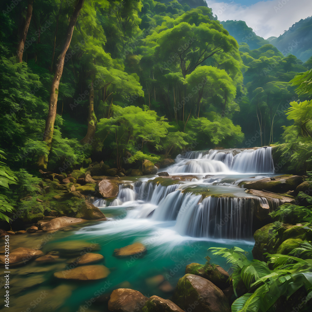 Fototapeta premium A beautiful waterfall surrounded by lush green trees