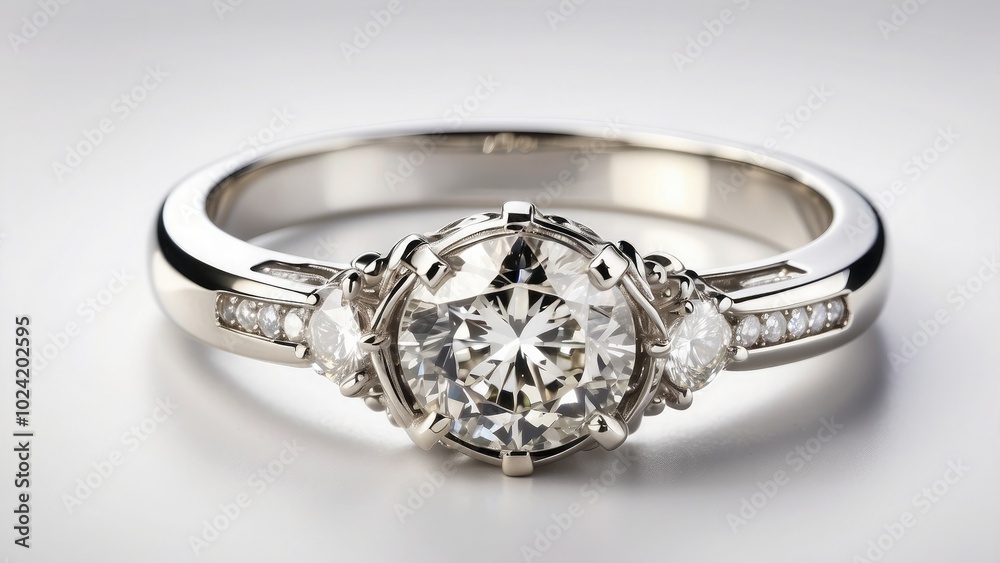 A stunning platinum ring adorned with a single sparkling diamond, showcasing refined beauty, isolated on white background.- A stunning platinum ring adorned with a single sparkling diamond, showcasing refined beauty, isolated on white background.-