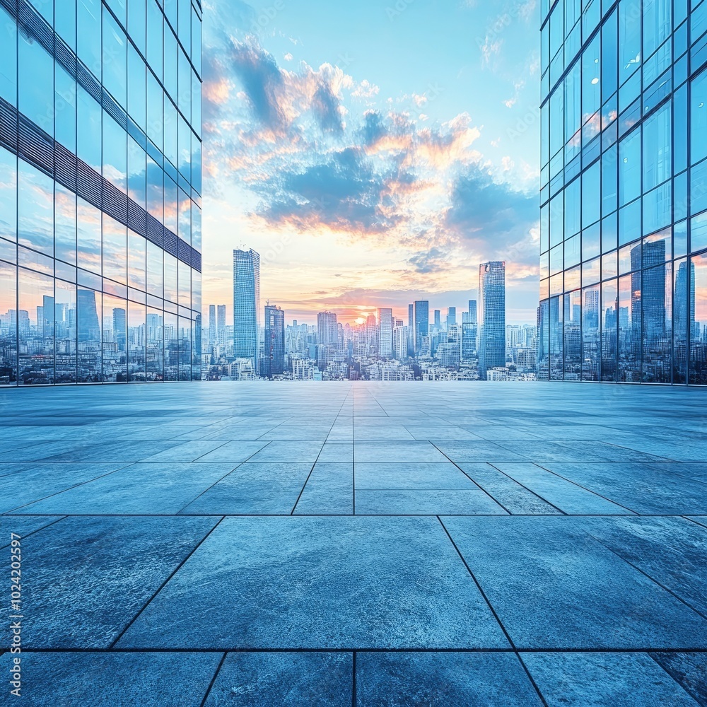 Fototapeta premium Modern Cityscape with Empty Plaza and Sunset Sky