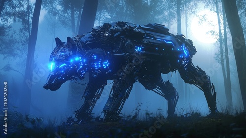 Cyberwolf: Futuristic Mechanical Animal 3D Render Howling in Forest Moonlight photo